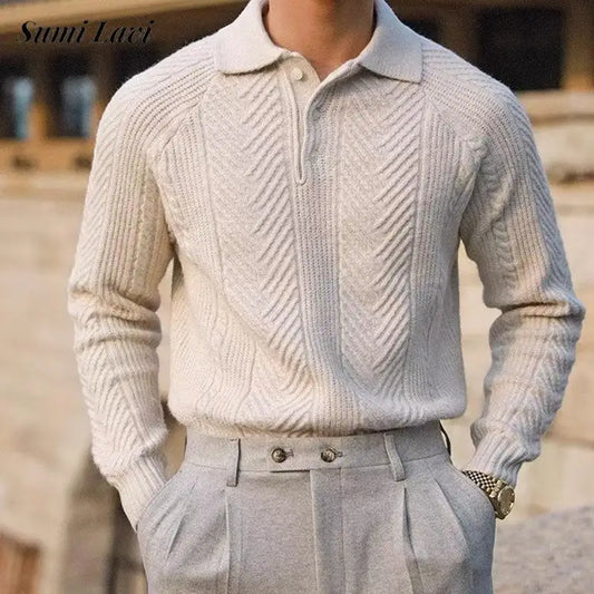 2024 Fashionable Textured Knitted Sweater Mens Polo Shirts